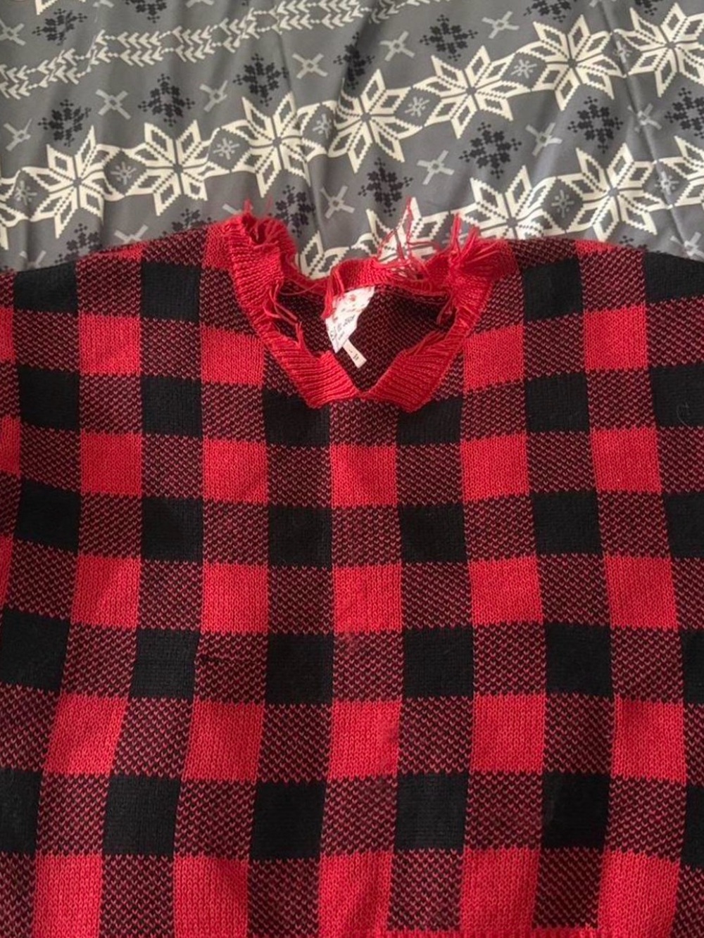 Belle Du Jour Red and Black Distressed Knit Sweater